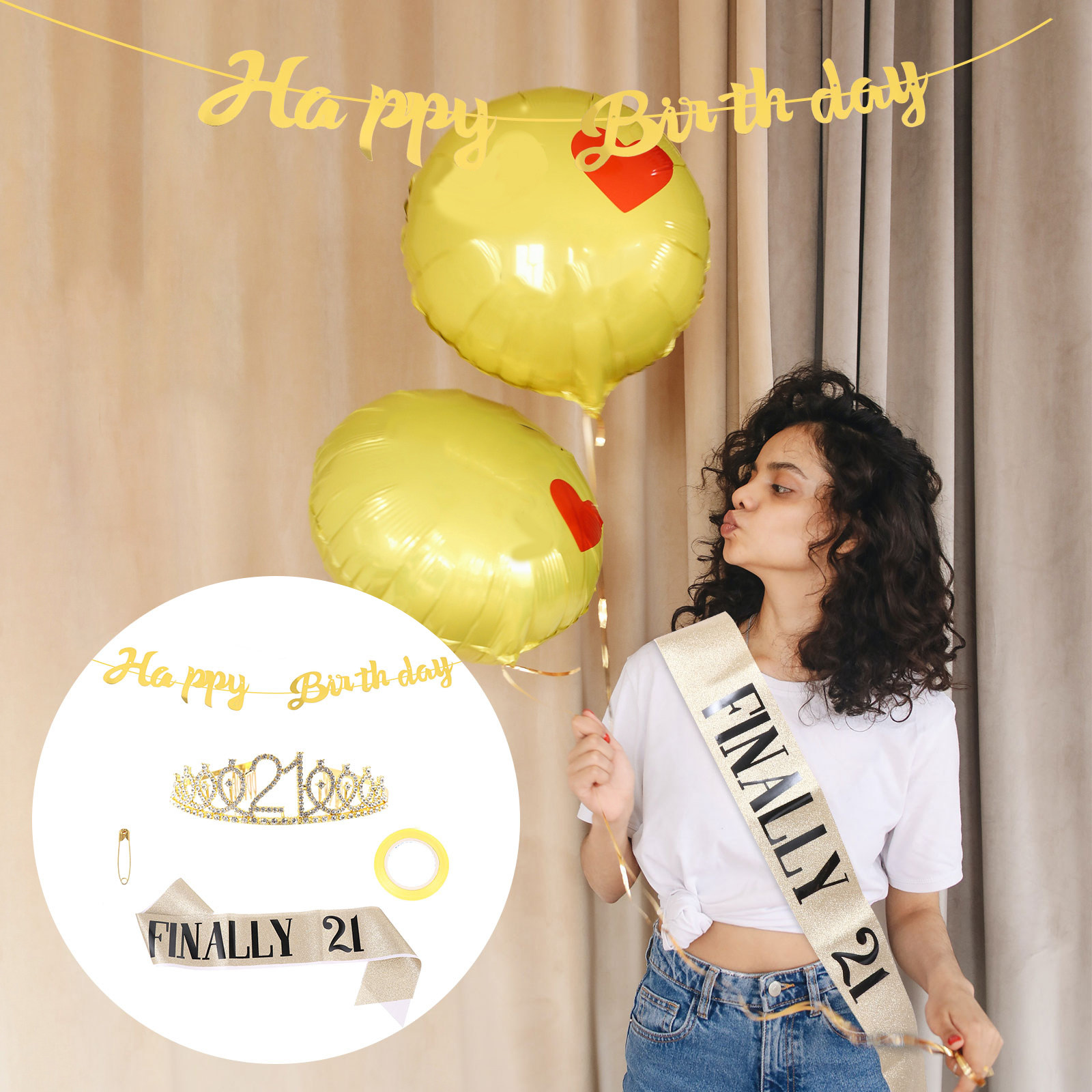 Birthday Sash Glitter - 1 zestaw urodzinowej korony, szarfy i